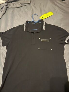 Versace Black Polo with Logo-Trim Collar and Stud Pocket